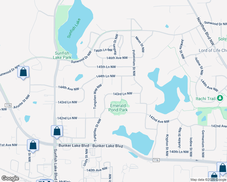map of restaurants, bars, coffee shops, grocery stores, and more near 14420 Radium Street Northwest in Ramsey