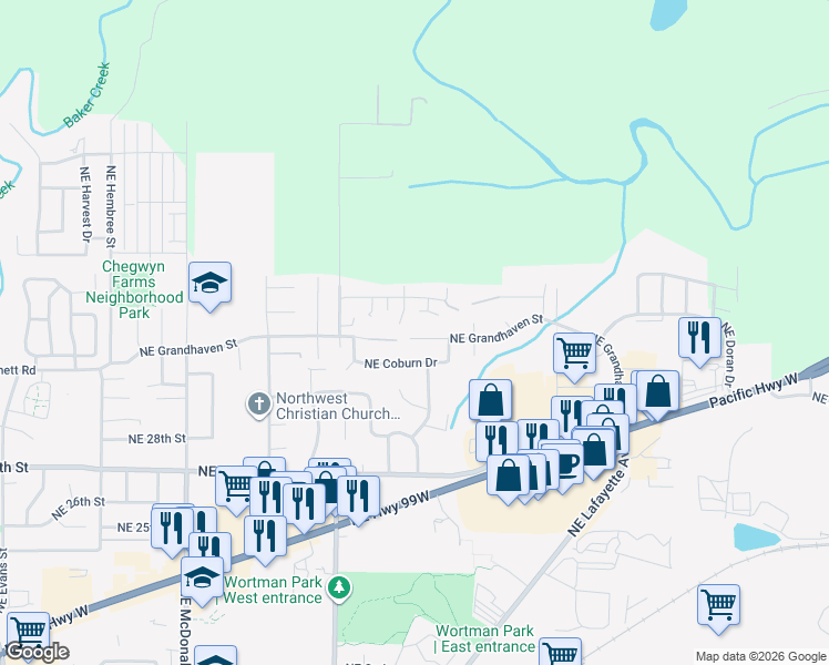 map of restaurants, bars, coffee shops, grocery stores, and more near 2014 Northeast Lucy Belle Street in McMinnville