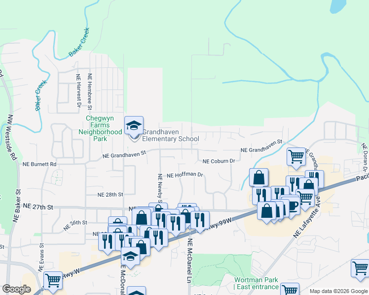 map of restaurants, bars, coffee shops, grocery stores, and more near 3201 Northeast Grandhaven Drive in McMinnville