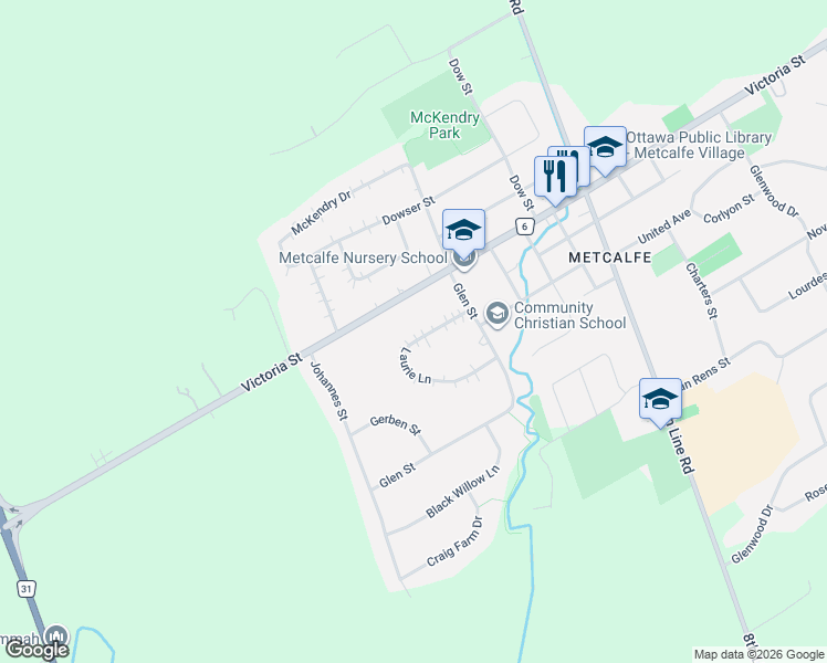 map of restaurants, bars, coffee shops, grocery stores, and more near 8096 Victoria Street in Ottawa