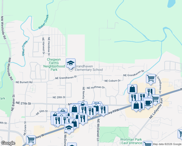 map of restaurants, bars, coffee shops, grocery stores, and more near 1488 1427 North East Kerry Court in McMinnville