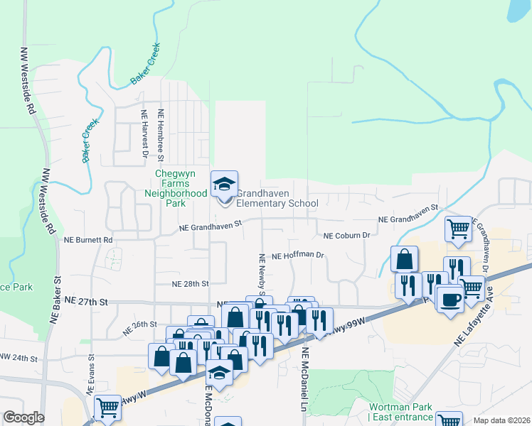 map of restaurants, bars, coffee shops, grocery stores, and more near 3168 North Newby Street in McMinnville