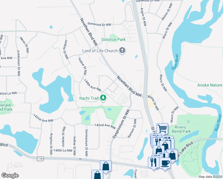 map of restaurants, bars, coffee shops, grocery stores, and more near 5435 144th Way Northwest in Ramsey