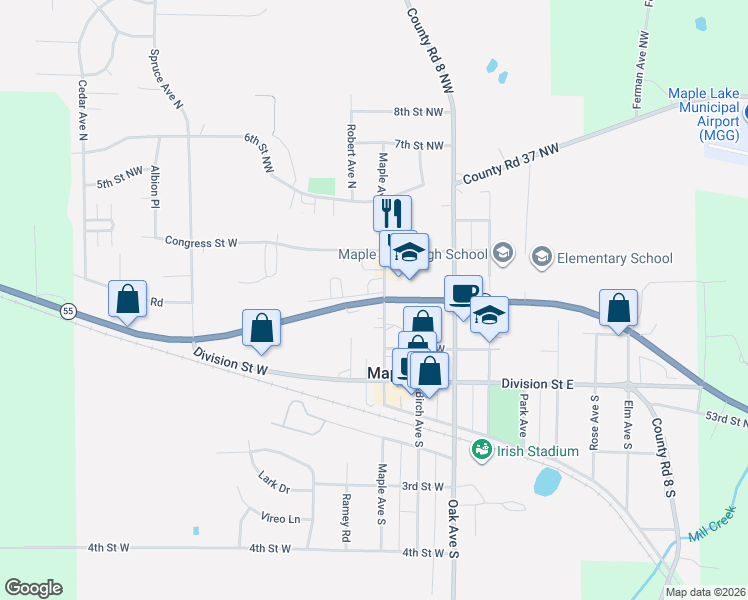 map of restaurants, bars, coffee shops, grocery stores, and more near 220 Highway 55 in Maple Lake