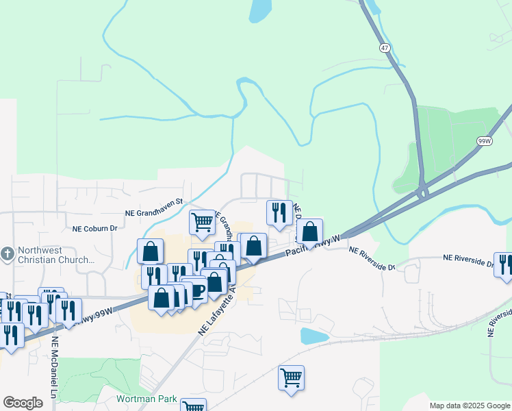 map of restaurants, bars, coffee shops, grocery stores, and more near 2750 Northeast Doran Drive in McMinnville