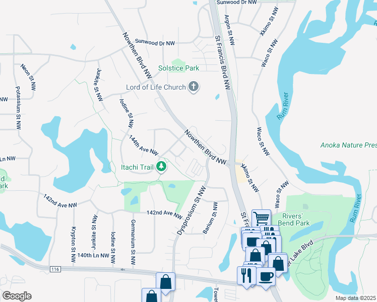 map of restaurants, bars, coffee shops, grocery stores, and more near 5410 144th Way Northwest in Ramsey