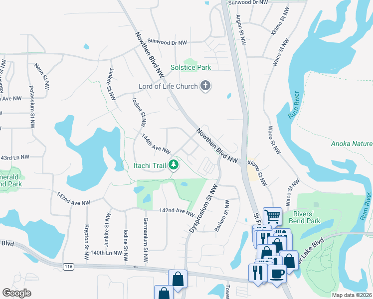 map of restaurants, bars, coffee shops, grocery stores, and more near 5435 144th Way Northwest in Ramsey