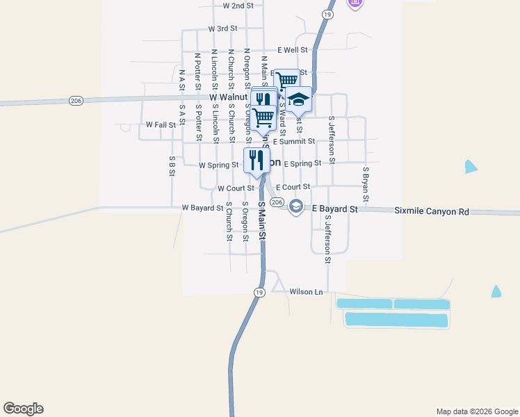 map of restaurants, bars, coffee shops, grocery stores, and more near 600 South Main Street in Condon