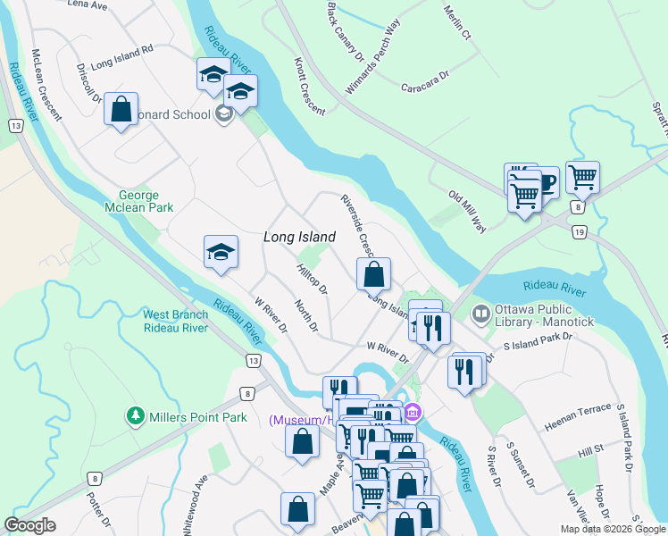 map of restaurants, bars, coffee shops, grocery stores, and more near 5432 Long Island Road in Ottawa