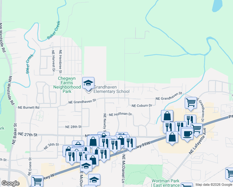 map of restaurants, bars, coffee shops, grocery stores, and more near 3175 Northeast Lucas Drive in McMinnville