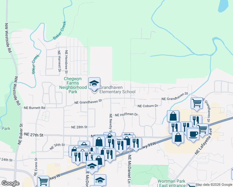 map of restaurants, bars, coffee shops, grocery stores, and more near 1450 Northeast Kerry Court in McMinnville