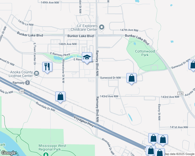 map of restaurants, bars, coffee shops, grocery stores, and more near 7750 Sunwood Drive Northwest in Ramsey