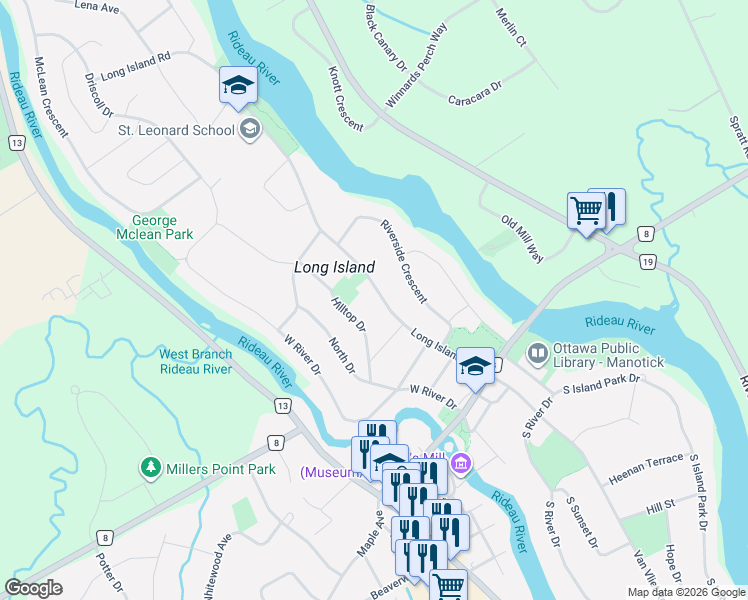 map of restaurants, bars, coffee shops, grocery stores, and more near 5434 Long Island Road in Ottawa