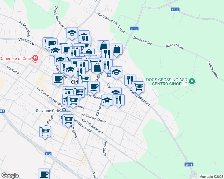 map of restaurants, bars, coffee shops, grocery stores, and more near 17 Via Taneschie in Ciriè