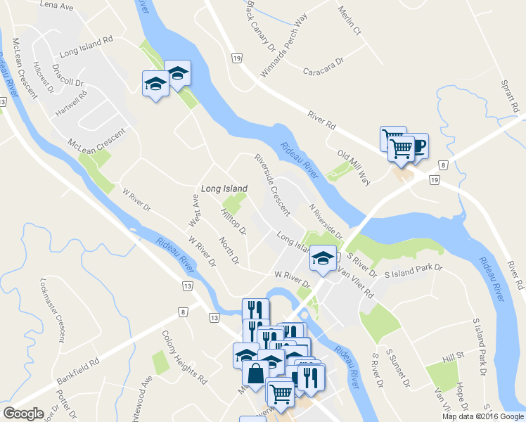 map of restaurants, bars, coffee shops, grocery stores, and more near 5437 Long Island Road in Ottawa