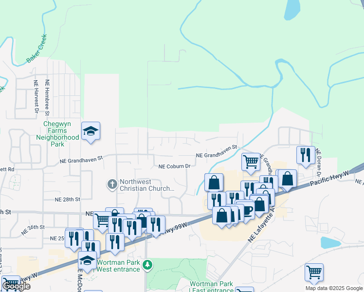 map of restaurants, bars, coffee shops, grocery stores, and more near 2014 Northeast Lucy Belle Street in McMinnville