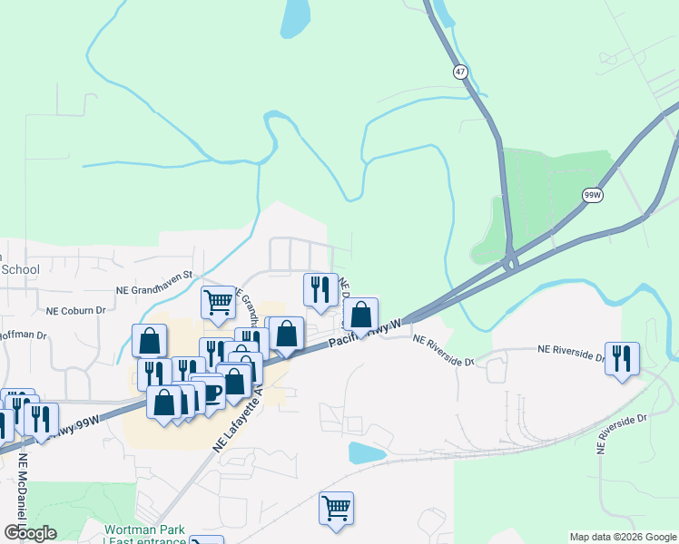 map of restaurants, bars, coffee shops, grocery stores, and more near 3190 Northeast Lily Lane in McMinnville