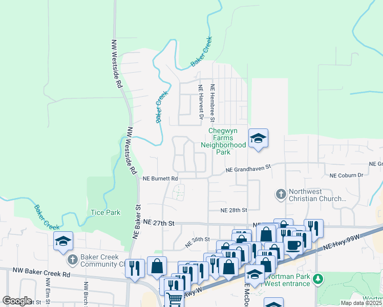 map of restaurants, bars, coffee shops, grocery stores, and more near 65 Heather Manor in McMinnville