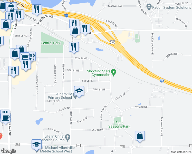 map of restaurants, bars, coffee shops, grocery stores, and more near 5547 Lannon Avenue Northeast in Albertville