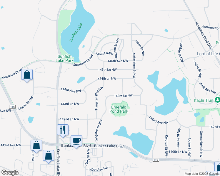 map of restaurants, bars, coffee shops, grocery stores, and more near 14420 Radium Street Northwest in Ramsey