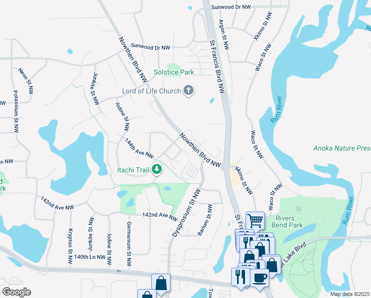 map of restaurants, bars, coffee shops, grocery stores, and more near 5410 144th Way Northwest in Ramsey