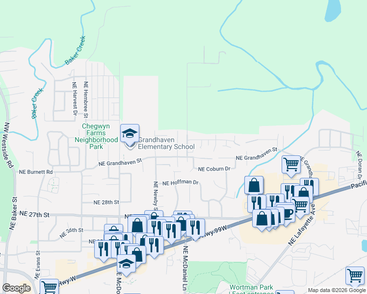 map of restaurants, bars, coffee shops, grocery stores, and more near 3201 Northeast Grandhaven Drive in McMinnville