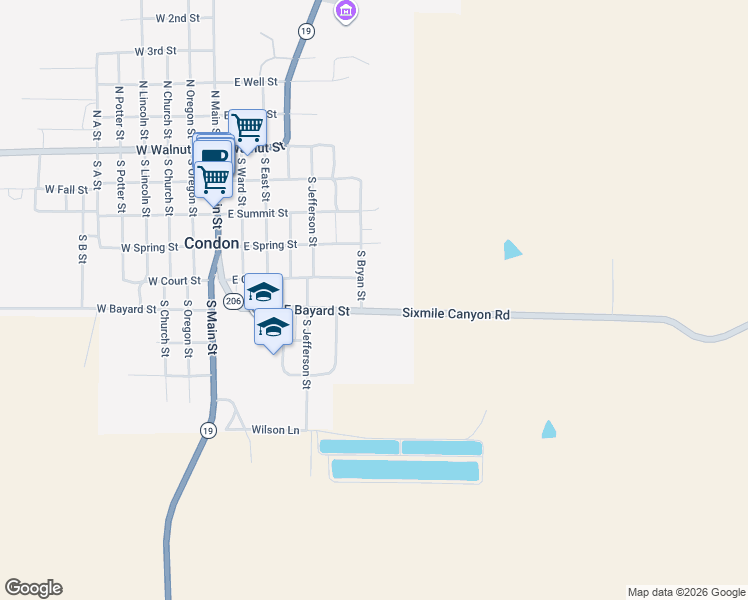 map of restaurants, bars, coffee shops, grocery stores, and more near South Bryan Street in Condon