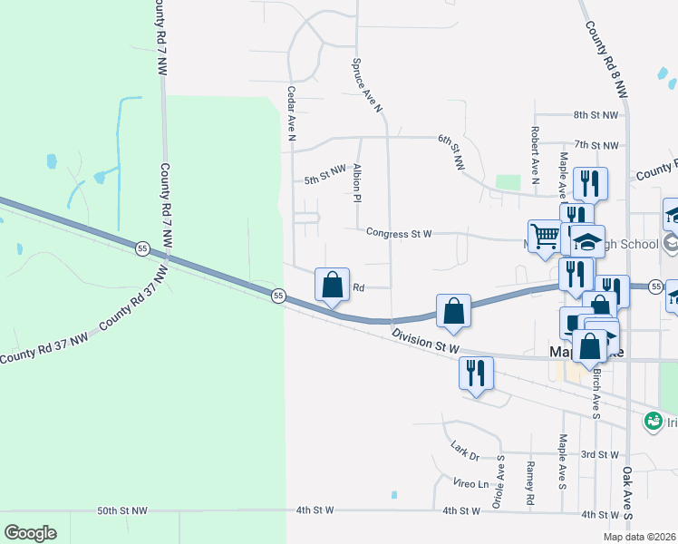 map of restaurants, bars, coffee shops, grocery stores, and more near 375 Spruce Avenue North in Maple Lake