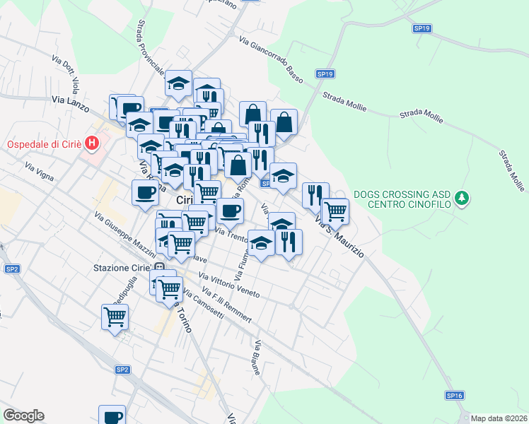 map of restaurants, bars, coffee shops, grocery stores, and more near 17 Via Taneschie in Ciriè