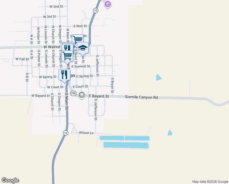 map of restaurants, bars, coffee shops, grocery stores, and more near South Bryan Street in Condon