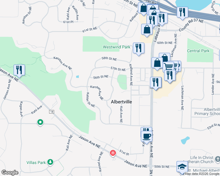 map of restaurants, bars, coffee shops, grocery stores, and more near 5601 Kalenda Drive Northeast in Albertville