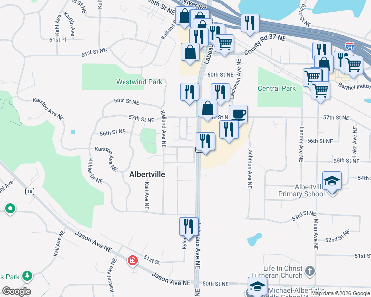 map of restaurants, bars, coffee shops, grocery stores, and more near 5580 Kalland Avenue Northeast in Albertville