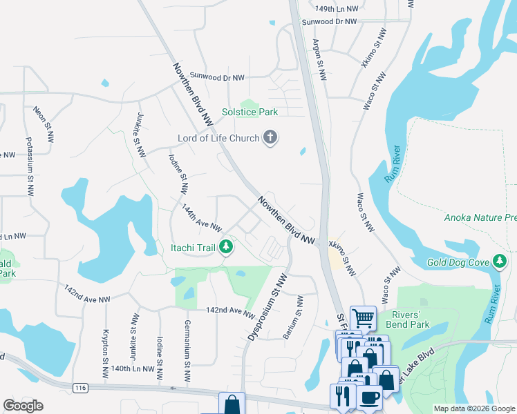 map of restaurants, bars, coffee shops, grocery stores, and more near 5410 144th Way Northwest in Ramsey