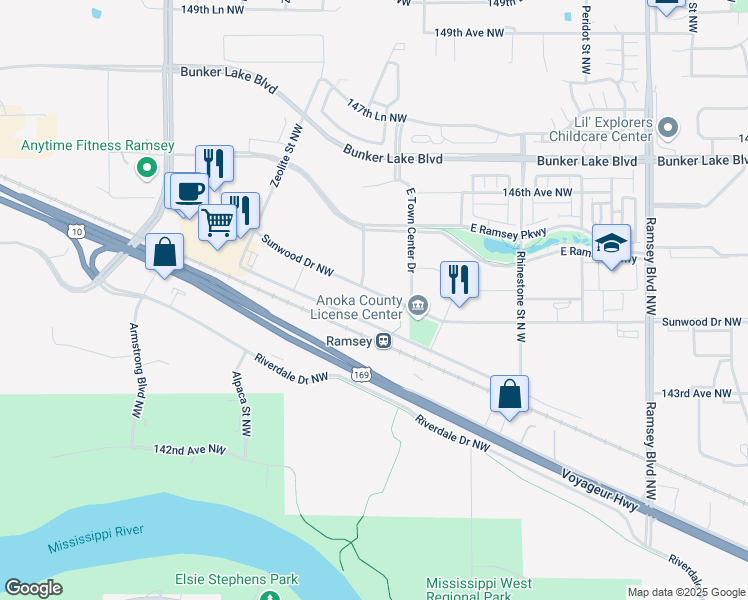 map of restaurants, bars, coffee shops, grocery stores, and more near 7700 Sunwood Drive NW in Anoka