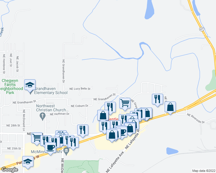 map of restaurants, bars, coffee shops, grocery stores, and more near 2245 Northeast Kelly Ann Court in McMinnville
