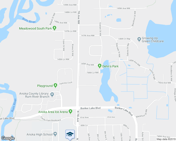 map of restaurants, bars, coffee shops, grocery stores, and more near 4321 144th Lane Northwest in Andover