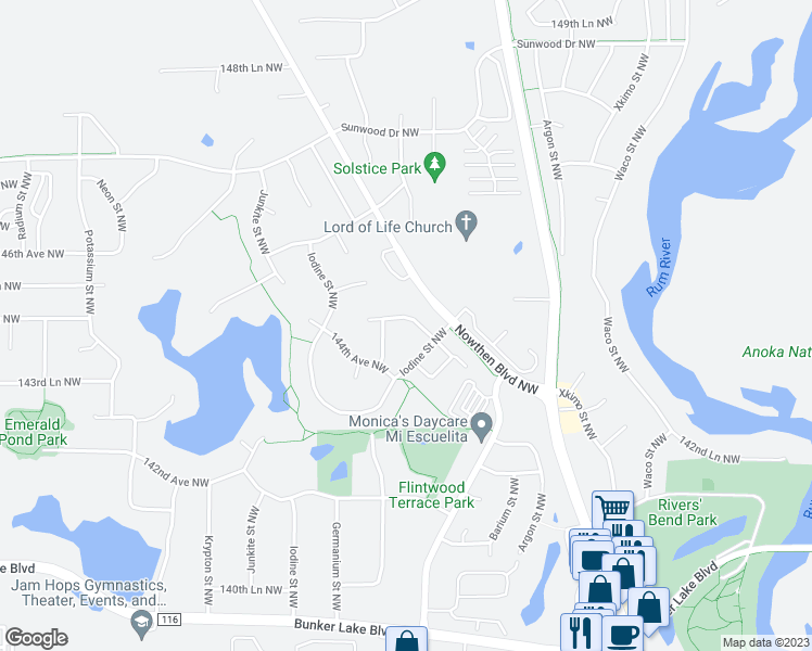 map of restaurants, bars, coffee shops, grocery stores, and more near 5429 145th Avenue Northwest in Ramsey