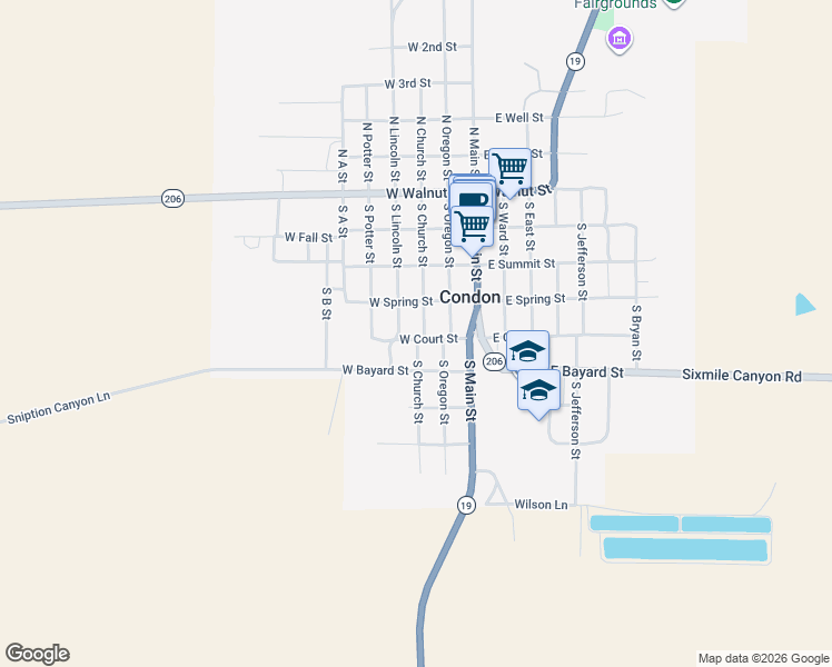 map of restaurants, bars, coffee shops, grocery stores, and more near 303 West Court Street in Condon