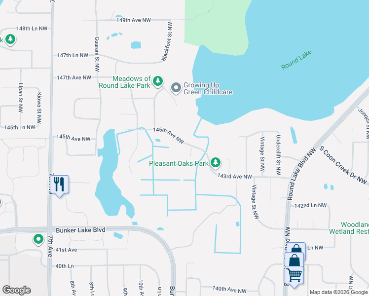 map of restaurants, bars, coffee shops, grocery stores, and more near 3936 145th Avenue Northwest in Andover