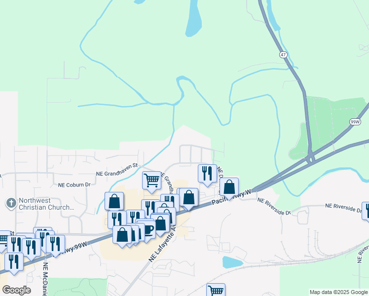 map of restaurants, bars, coffee shops, grocery stores, and more near 2834 Northeast Hidden Meadow Drive in McMinnville