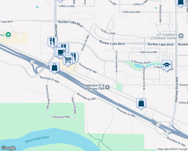 map of restaurants, bars, coffee shops, grocery stores, and more near 7752 Sunwood Drive NW in Anoka