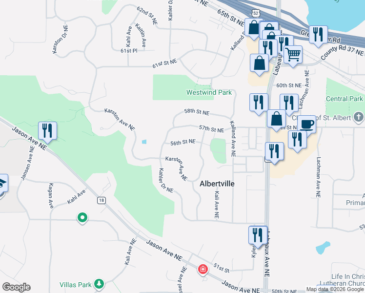 map of restaurants, bars, coffee shops, grocery stores, and more near 10594 56th Street Northeast in Albertville