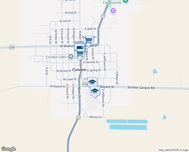 map of restaurants, bars, coffee shops, grocery stores, and more near 301 East Court Street in Condon