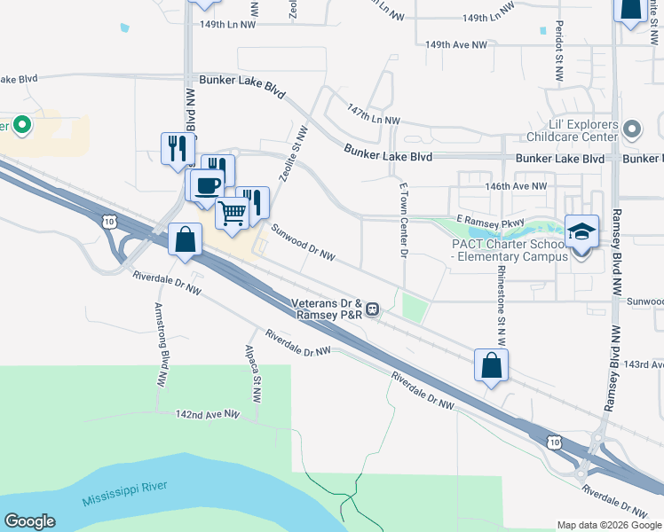 map of restaurants, bars, coffee shops, grocery stores, and more near 7750 Sunwood Drive Northwest in Ramsey
