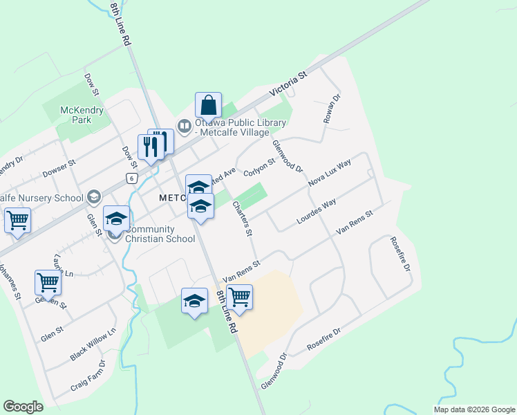 map of restaurants, bars, coffee shops, grocery stores, and more near 2707 Charters Street in Ottawa