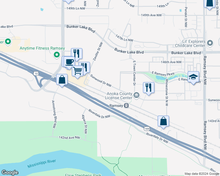 map of restaurants, bars, coffee shops, grocery stores, and more near 7750 Sunwood Drive NW in Anoka