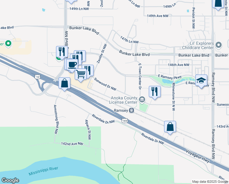 map of restaurants, bars, coffee shops, grocery stores, and more near 7750 Sunwood Drive NW in Anoka