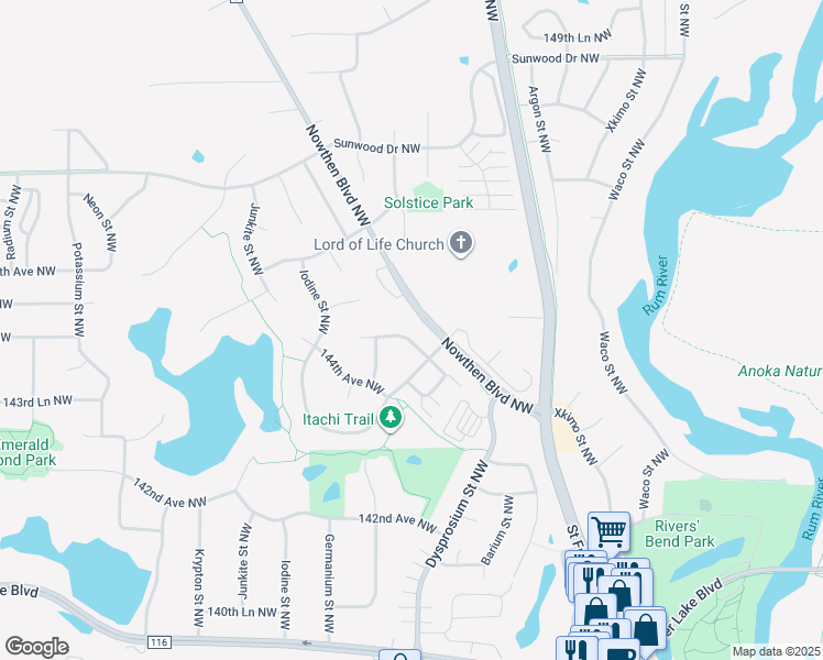map of restaurants, bars, coffee shops, grocery stores, and more near 5429 145th Avenue Northwest in Ramsey