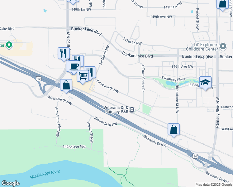 map of restaurants, bars, coffee shops, grocery stores, and more near 7752 Sunwood Drive NW in Anoka