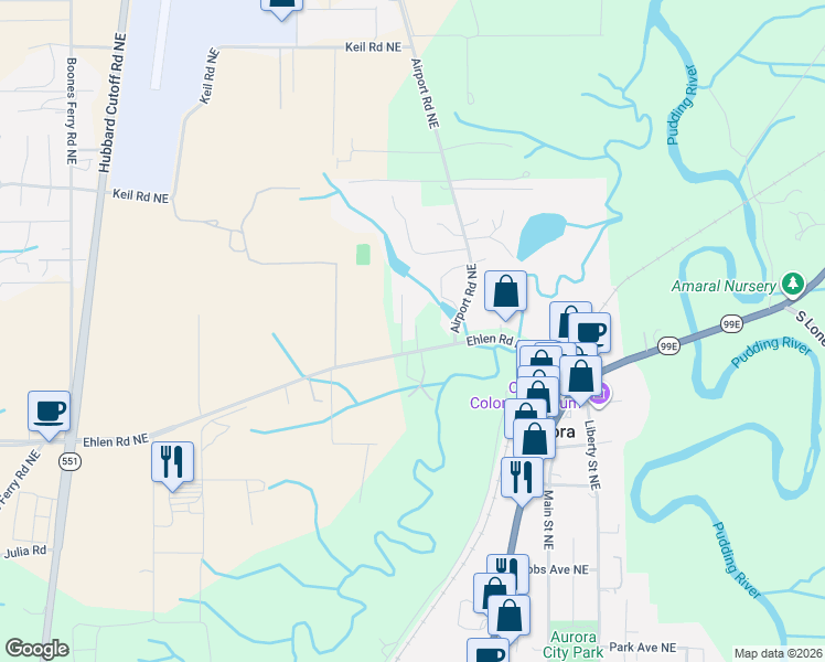 map of restaurants, bars, coffee shops, grocery stores, and more near 14633 Ehlen Road Northeast in Aurora